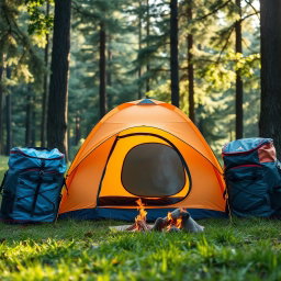 A captivating scene featuring an inflatable travel tent situated between two stylish camping bags in a beautiful outdoor setting