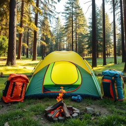 A captivating scene featuring an inflatable travel tent situated between two stylish camping bags in a beautiful outdoor setting