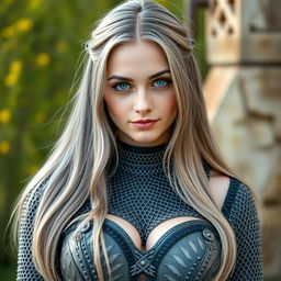 A very busty Ukrainian cleric who appears 20 years old, featuring bright turquoise eyes and long beautiful ash grey hair