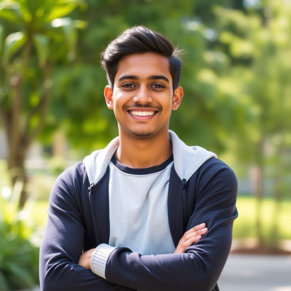 A portrait of Ayaan Mohamed Shareef, a young adult with a bright smile and engaging demeanor, wearing a modern stylish outfit