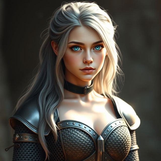 A slender, cute young woman depicted as a Ukrainian cleric, aged around 20, with striking bright turquoise eyes and long, beautiful ash grey hair