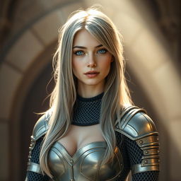 A slender, cute young woman depicted as a Ukrainian cleric, aged around 20, with striking bright turquoise eyes and long, beautiful ash grey hair