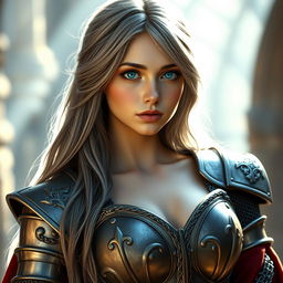 A slender, cute young woman depicted as a Ukrainian cleric, aged around 20, with striking bright turquoise eyes and long, beautiful ash grey hair