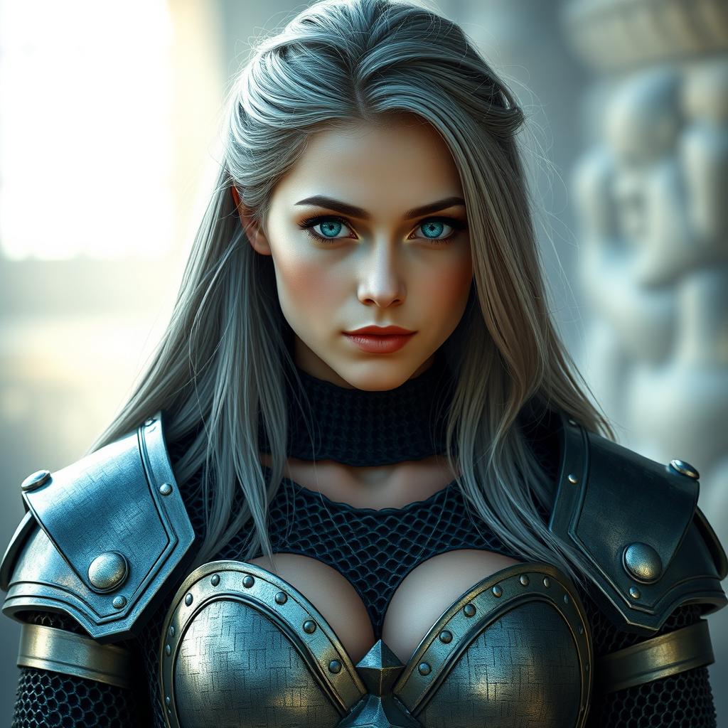 A slender, cute young woman depicted as a Ukrainian cleric, aged around 20, with striking bright turquoise eyes and long, beautiful ash grey hair