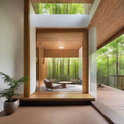 Modify the house to accentuate its minimalist features while keeping the vertical bamboo elements at the corners