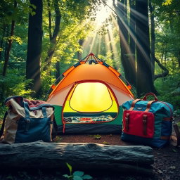 An enchanting scene capturing a vibrant camping tent positioned between two stylish outdoor bags in a lush forest setting