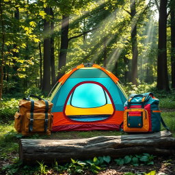 An enchanting scene capturing a vibrant camping tent positioned between two stylish outdoor bags in a lush forest setting