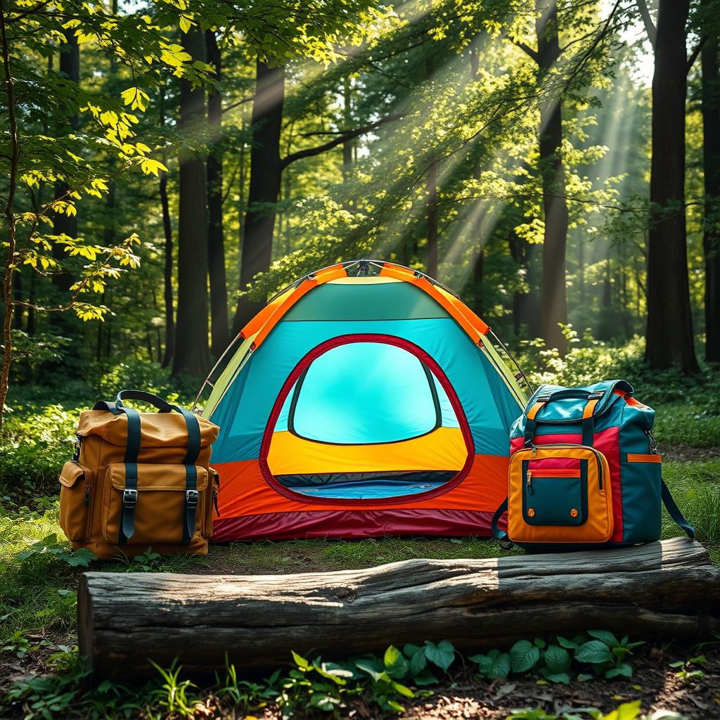 An enchanting scene capturing a vibrant camping tent positioned between two stylish outdoor bags in a lush forest setting