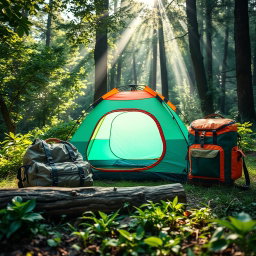 An enchanting scene capturing a vibrant camping tent positioned between two stylish outdoor bags in a lush forest setting