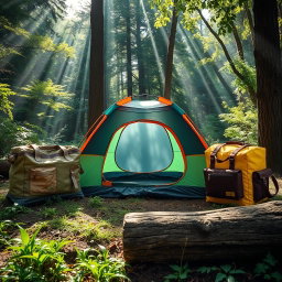 An enchanting scene capturing a vibrant camping tent positioned between two stylish outdoor bags in a lush forest setting
