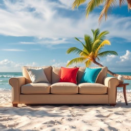 A stylish and cozy sandy beige sofa positioned on a beautiful beach, with gentle waves lapping at the shore in the background