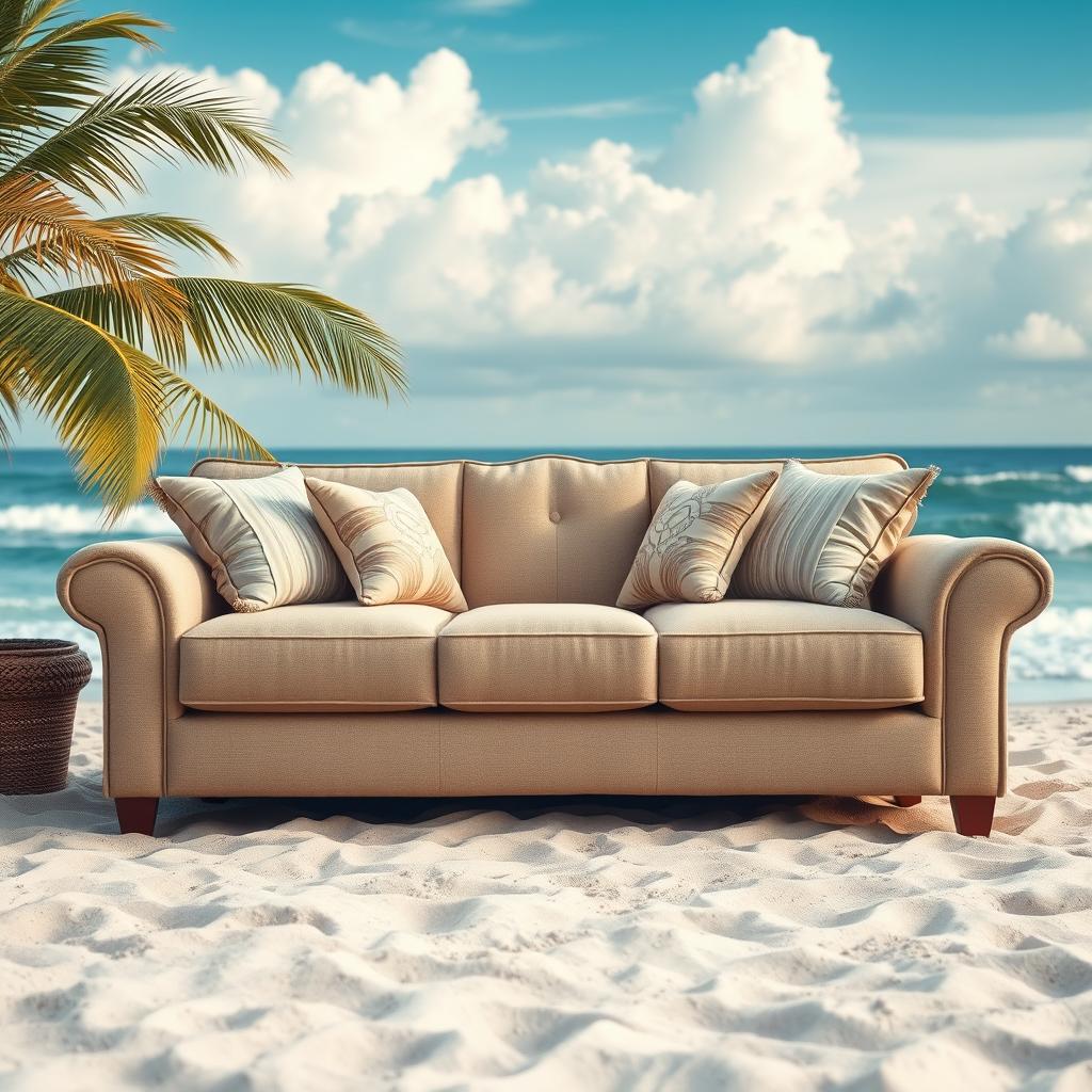 A stylish and cozy sandy beige sofa positioned on a beautiful beach, with gentle waves lapping at the shore in the background