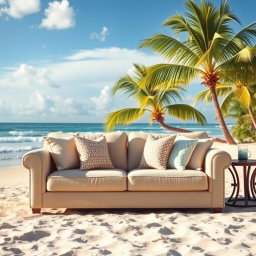A stylish and cozy sandy beige sofa positioned on a beautiful beach, with gentle waves lapping at the shore in the background