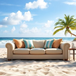 A stylish and cozy sandy beige sofa positioned on a beautiful beach, with gentle waves lapping at the shore in the background