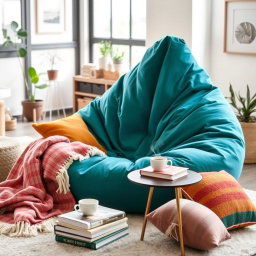 A cozy and inviting scene featuring a large, stylish bean bag chair in a modern living room