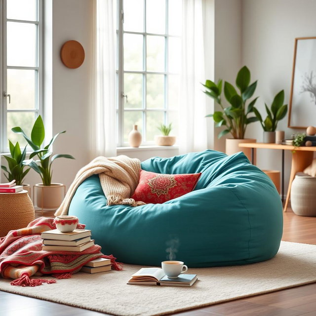 A cozy and inviting scene featuring a large, stylish bean bag chair in a modern living room