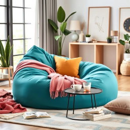 A cozy and inviting scene featuring a large, stylish bean bag chair in a modern living room