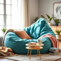 A cozy and inviting scene featuring a large, stylish bean bag chair in a modern living room