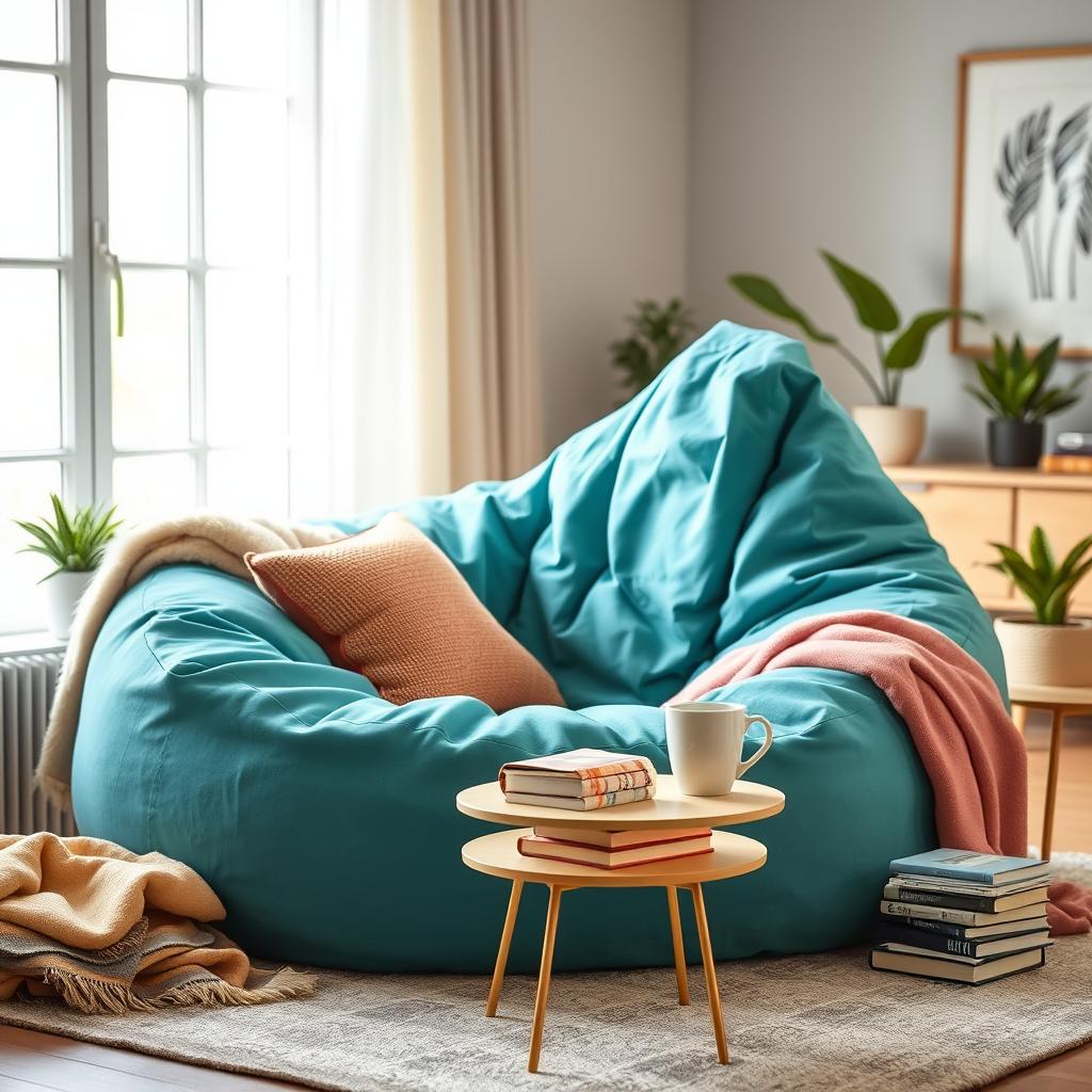 A cozy and inviting scene featuring a large, stylish bean bag chair in a modern living room