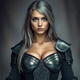 A slender, cute 20-year-old Ukrainian cleric with stunning breasts, featuring bright turquoise eyes and long, beautiful ash grey hair