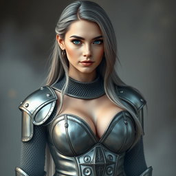 A slender, cute 20-year-old Ukrainian cleric with stunning breasts, featuring bright turquoise eyes and long, beautiful ash grey hair