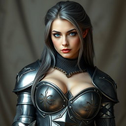 A slender, cute 20-year-old Ukrainian cleric with stunning breasts, featuring bright turquoise eyes and long, beautiful ash grey hair