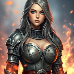 A very busty Ukrainian cleric, depicted as a slender and cute 20-year-old girl with stunningly bright turquoise eyes and long beautiful ash grey hair