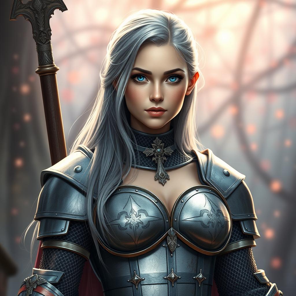 A very busty Ukrainian cleric, depicted as a slender and cute 20-year-old girl with stunningly bright turquoise eyes and long beautiful ash grey hair