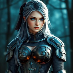 A very busty Ukrainian cleric, depicted as a slender and cute 20-year-old girl with stunningly bright turquoise eyes and long beautiful ash grey hair