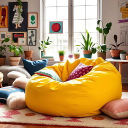 A vibrant and playful scene featuring a large bean bag chair in a colorful, modern living space