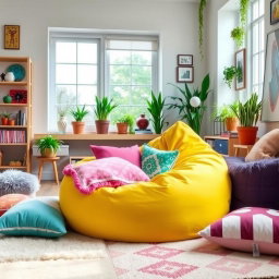 A vibrant and playful scene featuring a large bean bag chair in a colorful, modern living space