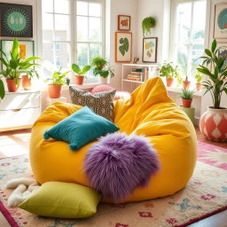 A vibrant and playful scene featuring a large bean bag chair in a colorful, modern living space