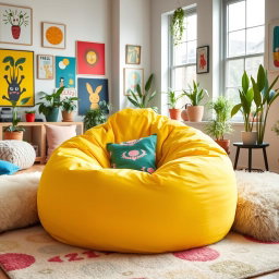 A vibrant and playful scene featuring a large bean bag chair in a colorful, modern living space
