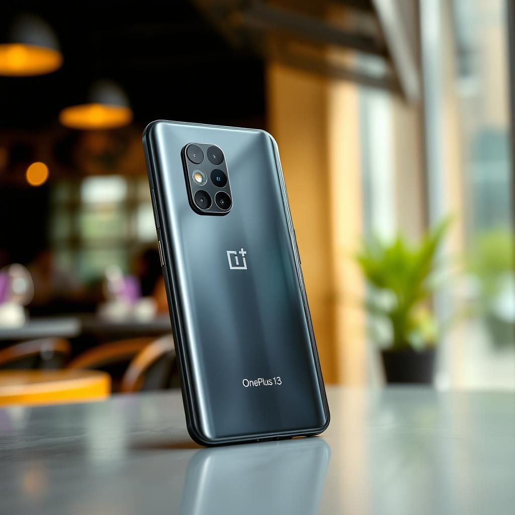 A sleek and modern OnePlus 13 smartphone, showcasing its stunning design with a vibrant display, smooth edges, and attractive color options like matte black and shimmering silver