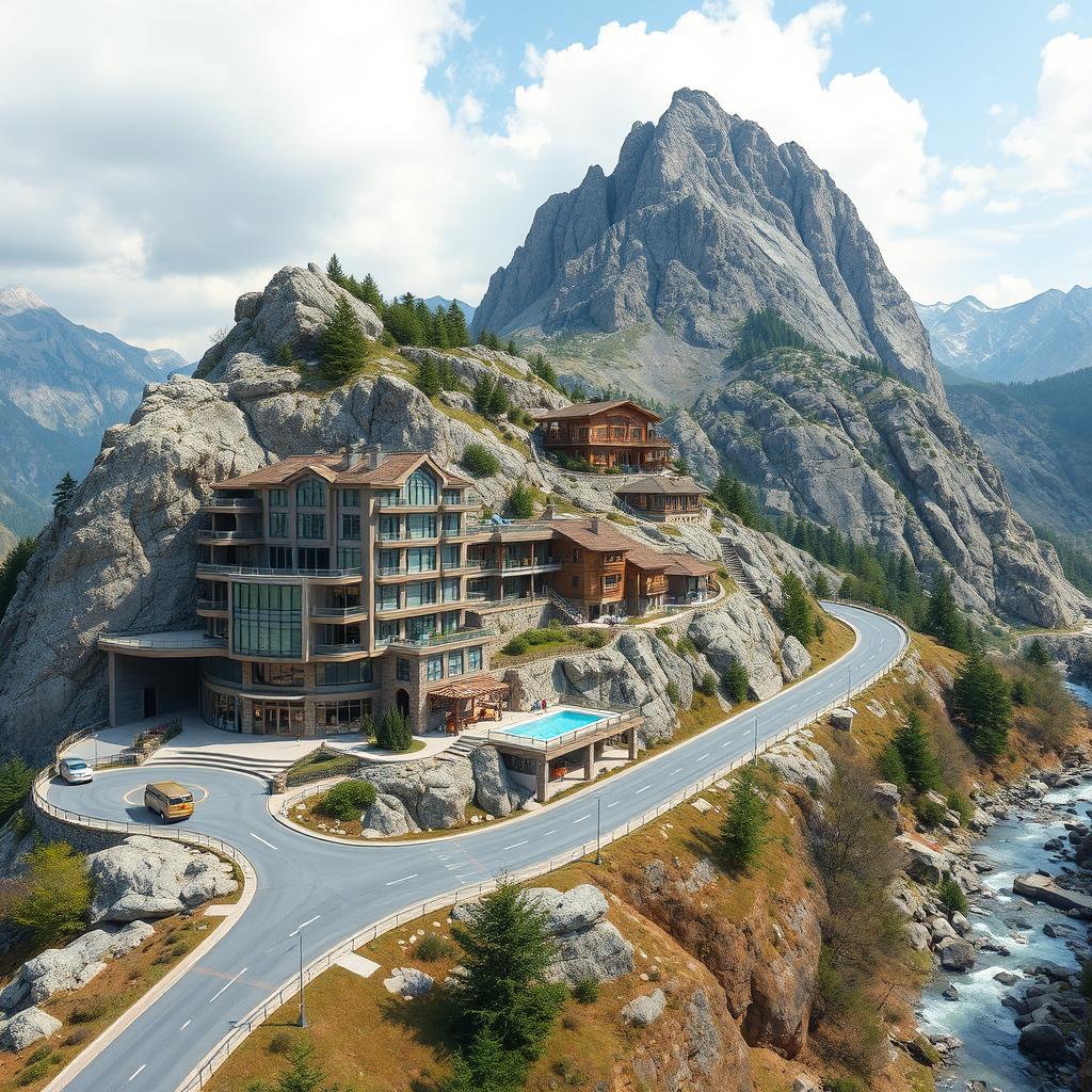 A mountainous landscape with a winding road passing through it