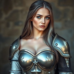 A slender, cute Ukrainian cleric girl, around 20 years old, featuring stunning breasts, very bright turquoise eyes, and long beautiful ash grey hair