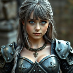 A very busty Ukrainian cleric, depicted as a slender and cute 20-year-old girl with stunning bright turquoise eyes and long beautiful ash grey hair