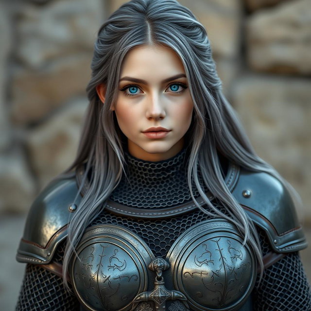 A very busty Ukrainian cleric, depicted as a slender and cute 20-year-old girl with stunning bright turquoise eyes and long beautiful ash grey hair