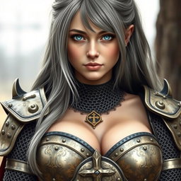 A very busty Ukrainian cleric, depicted as a slender and cute 20-year-old girl with stunning bright turquoise eyes and long beautiful ash grey hair