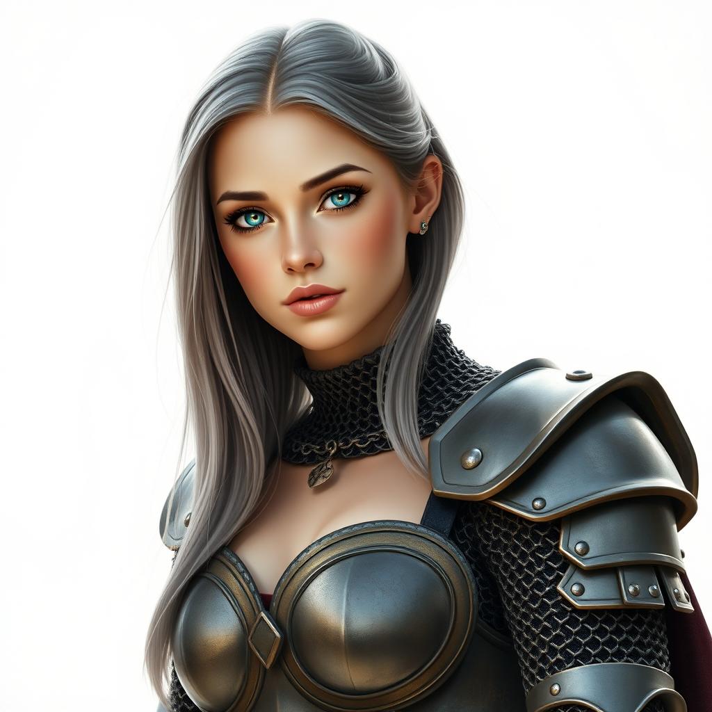 A very busty Ukrainian cleric, depicted as a slender and cute 20-year-old girl with stunning bright turquoise eyes and long beautiful ash grey hair