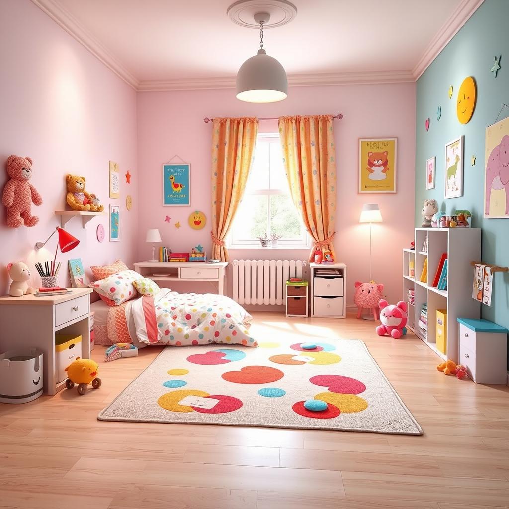 A whimsical and colorful children's bedroom design featuring a cozy bed with bright, patterned bedding, a playful rug on a soft wooden floor, and cheerful wall decorations including stuffed animals and educational posters