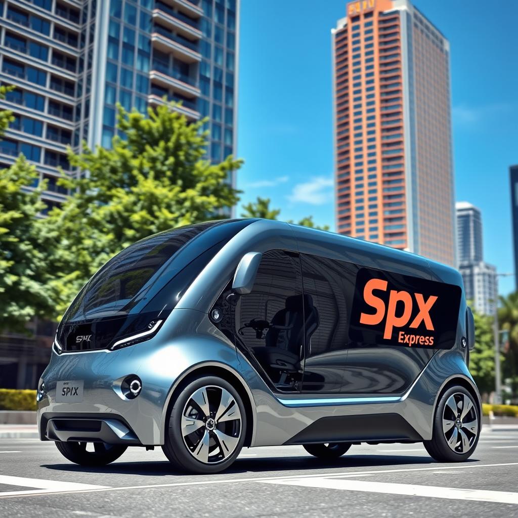 A sleek, futuristic delivery vehicle, showcasing advanced technology with a glossy finish, streamlined design, and bright LED lights