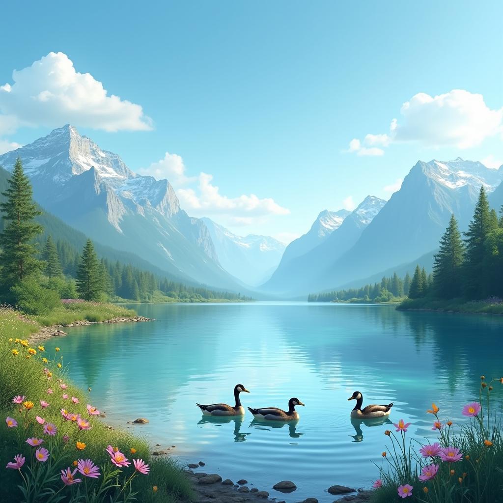 A serene landscape of a tranquil lake surrounded by majestic mountains under a bright blue sky