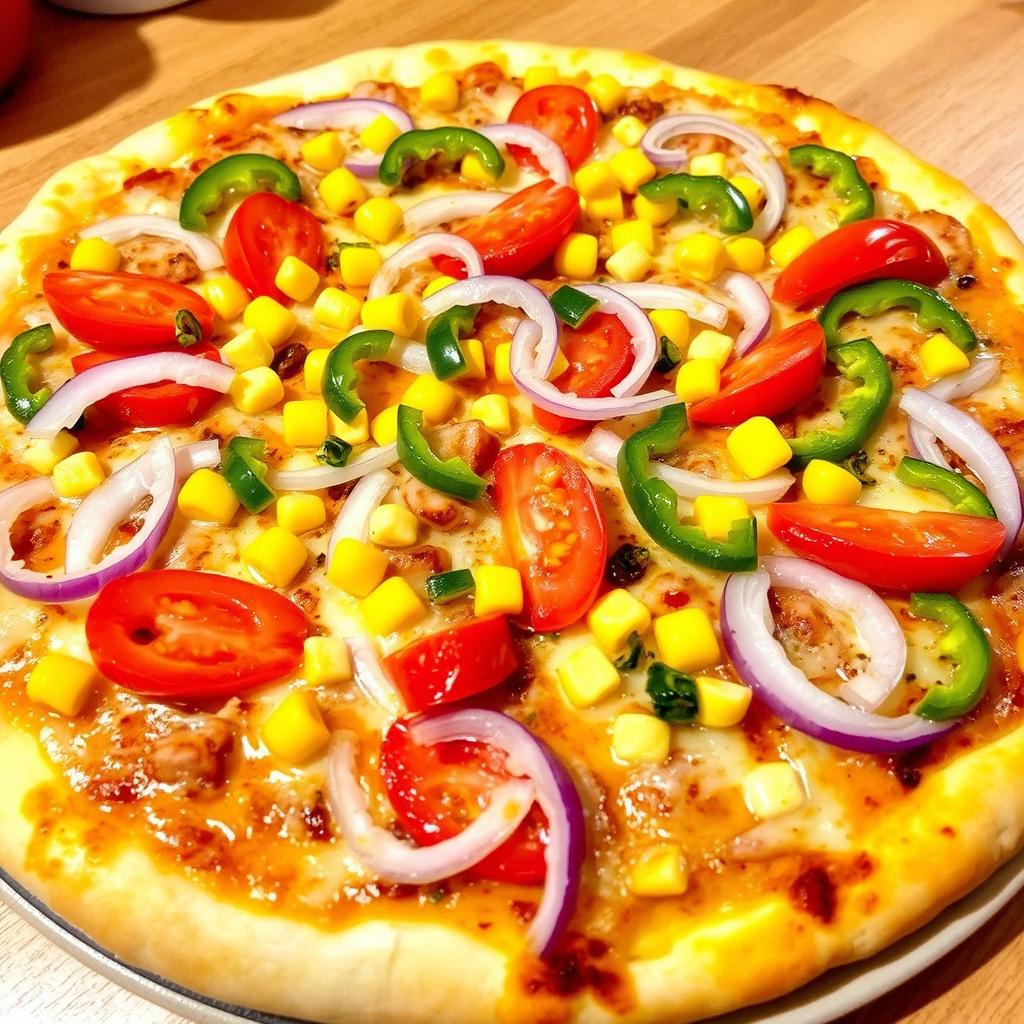 A delicious and colorful pizza topped with crunchy onions, fresh ripe tomatoes, sweet corn, and vibrant green capsicum, all layered generously with melted cheese