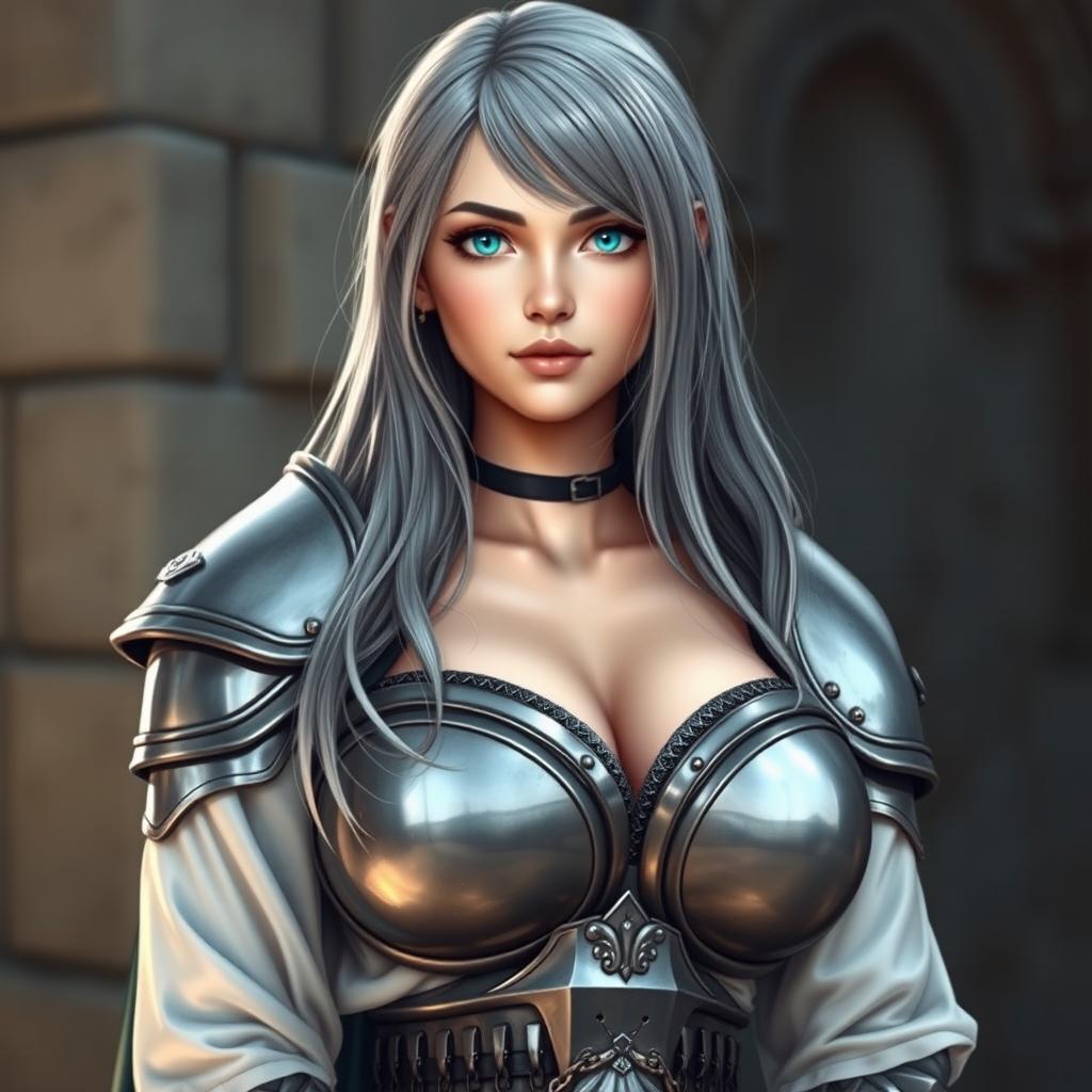 A very busty 20-year-old cleric girl with stunning breasts, characterized by her bright turquoise eyes and long, beautiful ash grey hair falling down her back