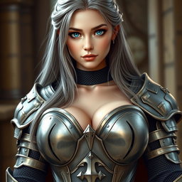 A very busty 20-year-old cleric girl with stunning breasts, characterized by her bright turquoise eyes and long, beautiful ash grey hair falling down her back