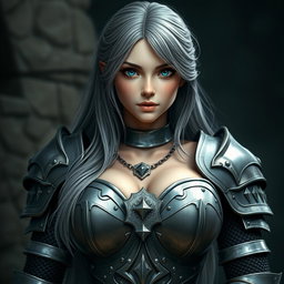 A very busty 20-year-old cleric girl with stunning breasts, characterized by her bright turquoise eyes and long, beautiful ash grey hair falling down her back