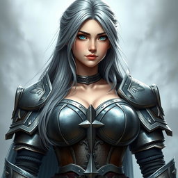 A very busty 20-year-old cleric girl with stunning breasts, characterized by her bright turquoise eyes and long, beautiful ash grey hair falling down her back