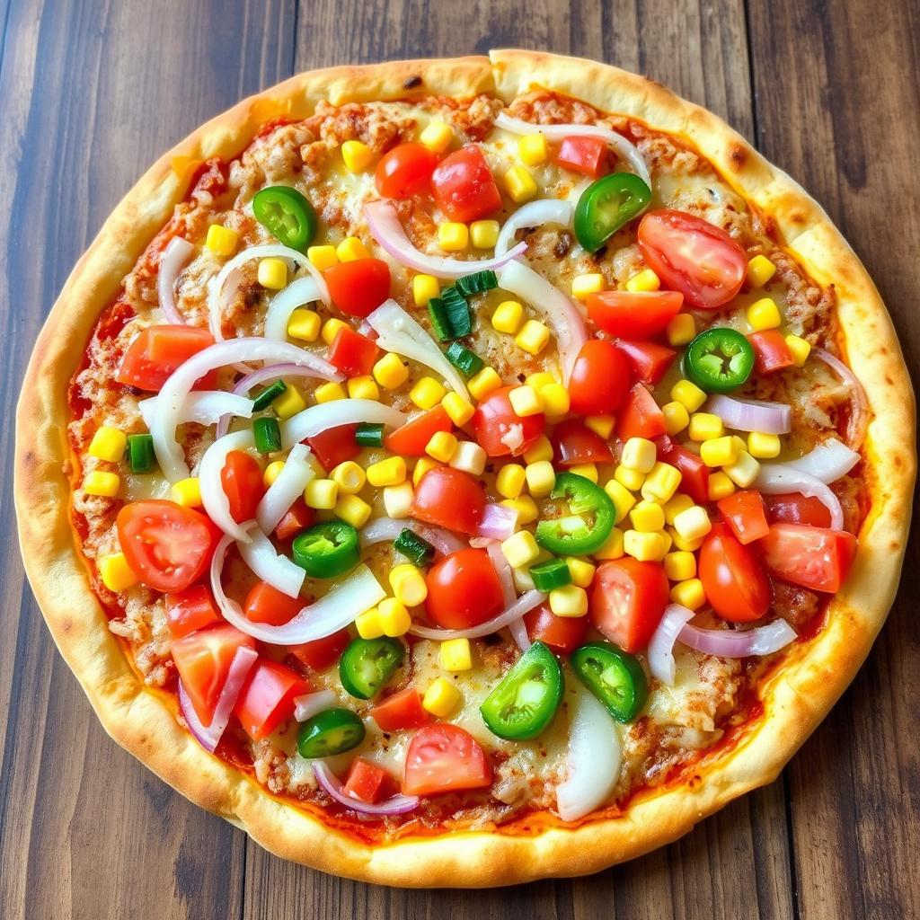 A mouthwatering pizza featuring crunchy onions, fresh diced tomatoes, juicy sweet corn, and vibrant green capsicum, all beautifully arranged and topped with a generous layer of melted cheese