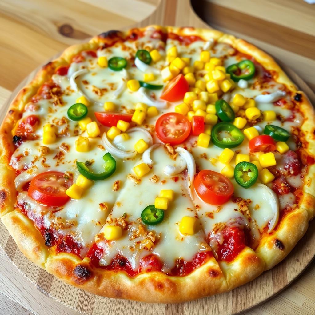 A stunning pizza showcasing a base topped with crunchy onions, fresh diced tomatoes, sweet golden corn, and vibrant green capsicum, all covered with a rich, gooey cheese layer that melts perfectly
